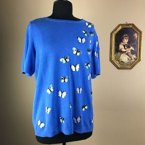 Talbots Knit Blue Butterfly Sequin Pullover Top